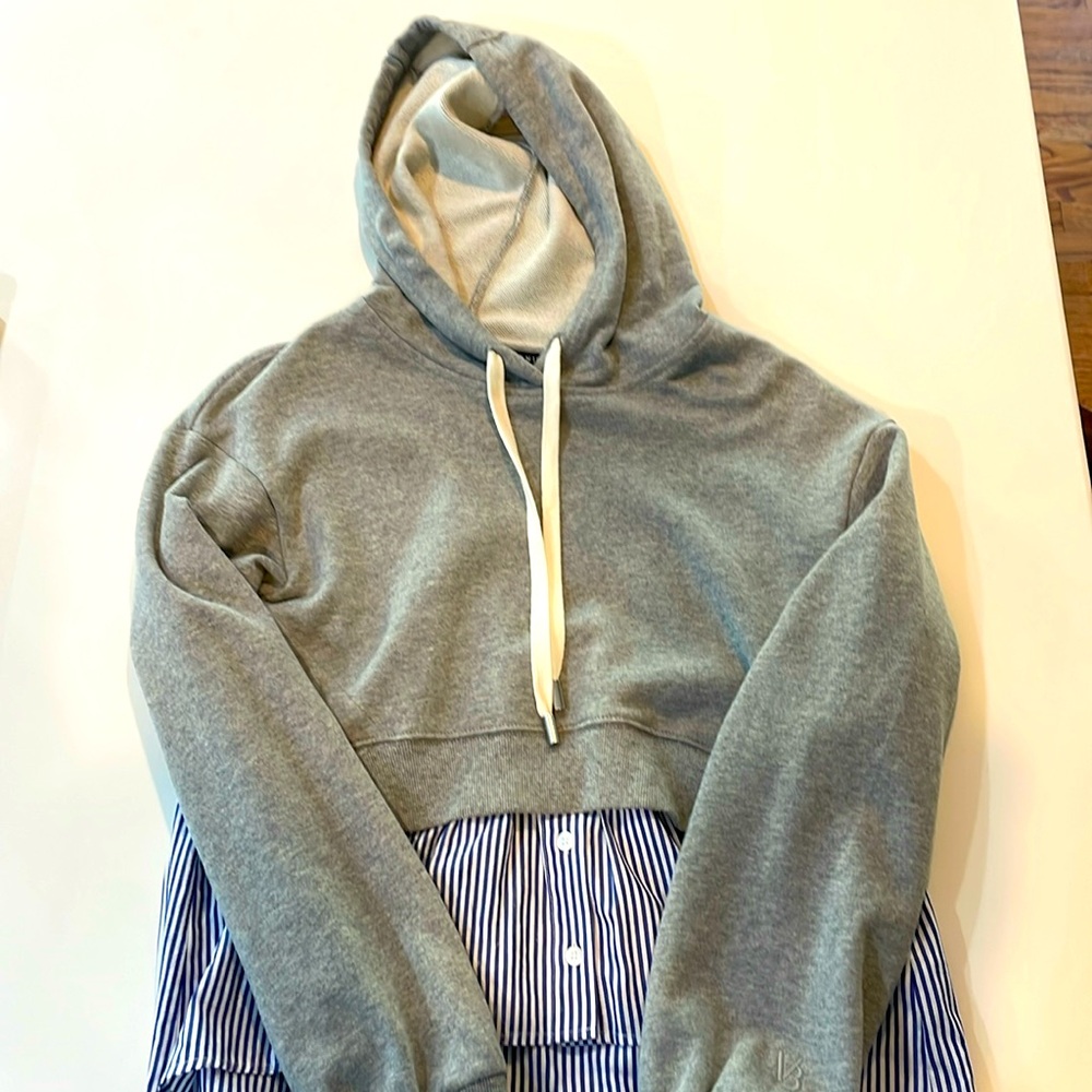 Veronica Beard Mixed-media gray sweatshirt with blue and white striped blouse